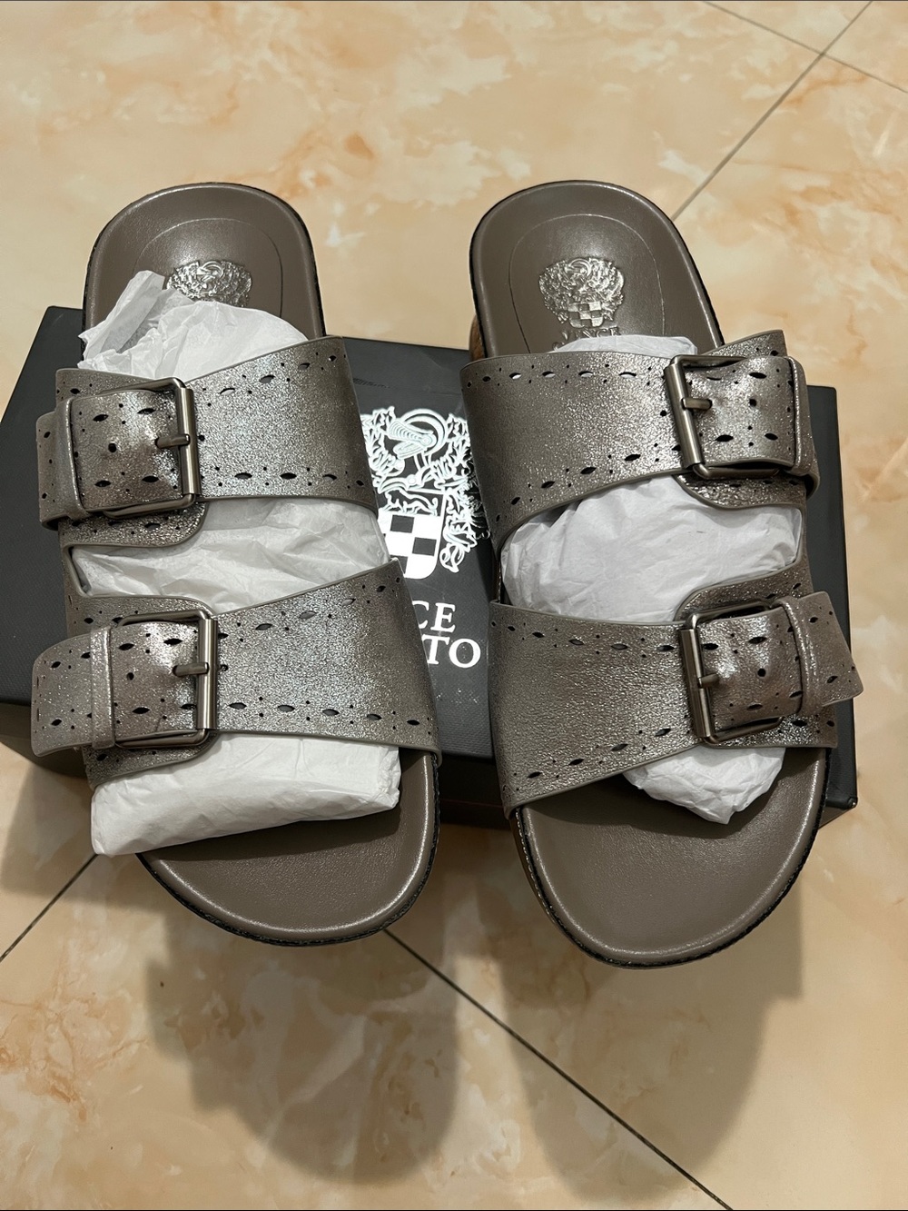 Versace women Metallic Taupe Double-Buckle Slides